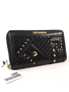 Love Moschino Black Quilted Studded Zip-Around Wallet with Heart Detail